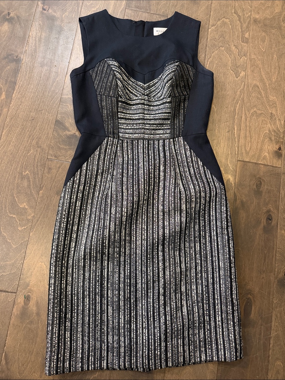 Milly Sleeveless black and Silver Striped Sheath Dress